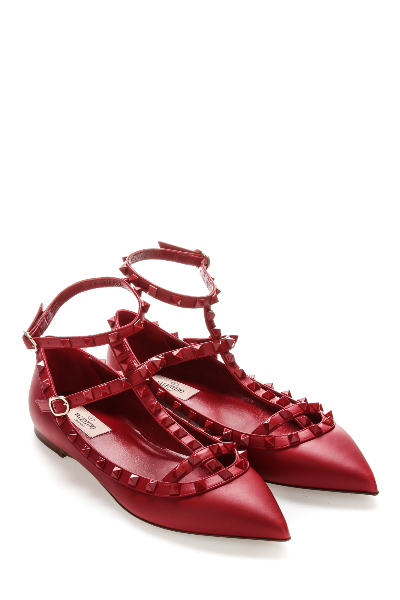 Valentino Rockstud Pointed Flats In Red