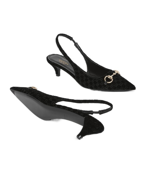 Gucci Women Black Gg Velvet Horsebit Slingback Pumps In Black
