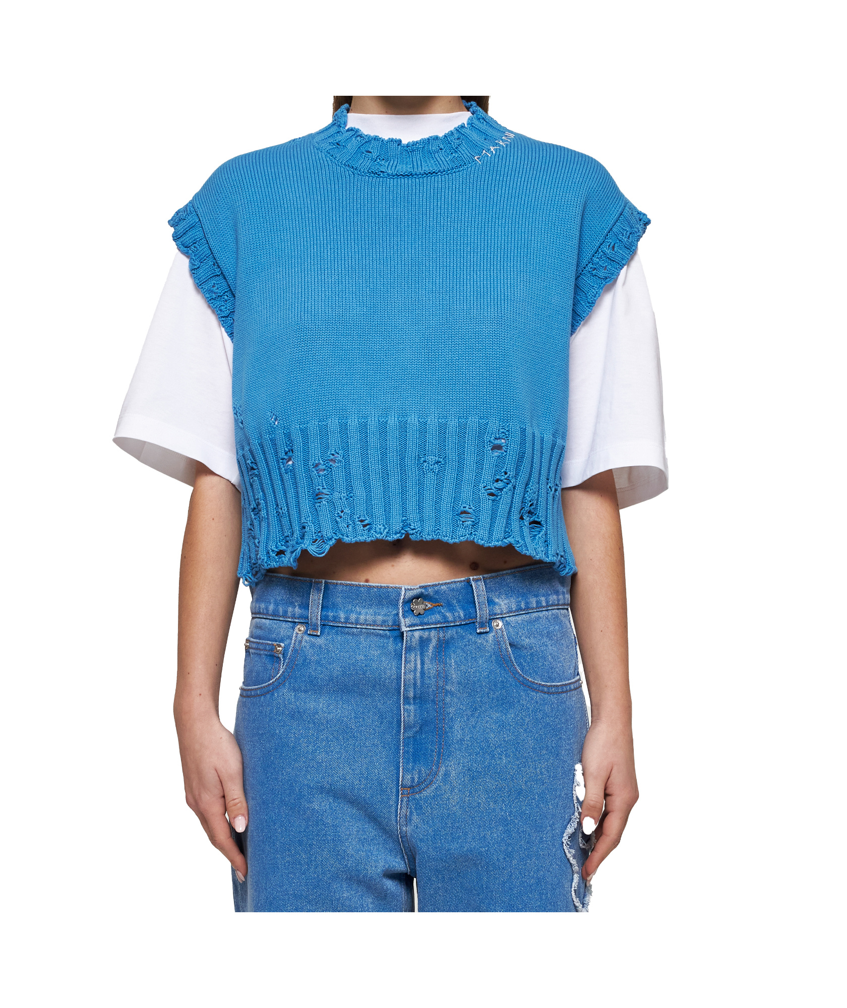 Marni Distressed Boxy Cropped Sweater In Blue