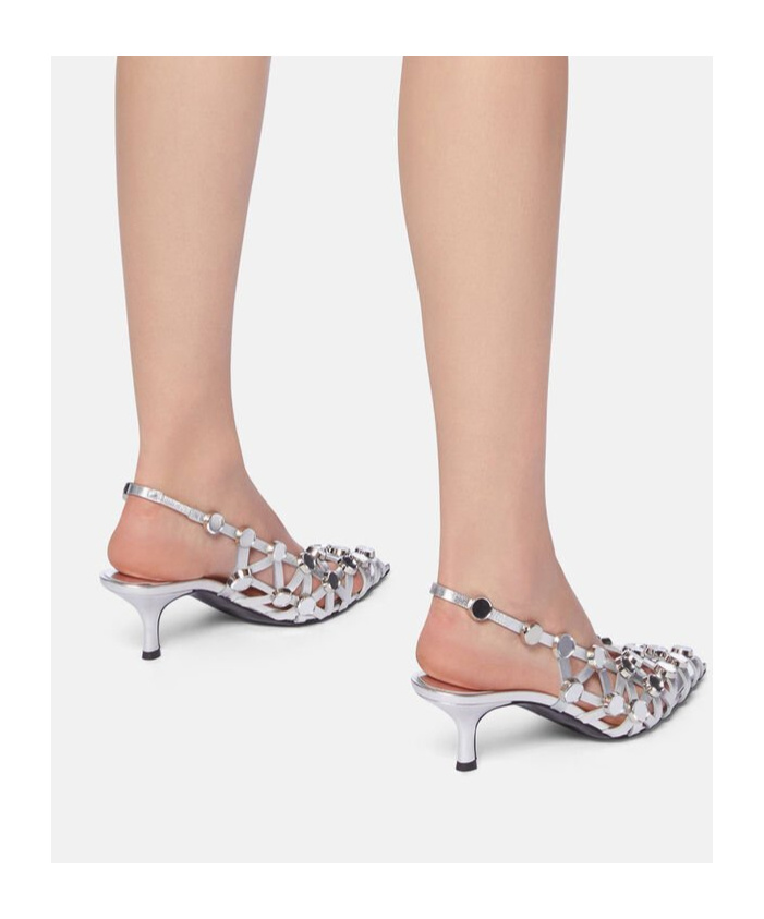 Attico Grid Studded Metallic Leather Slingback Pumps In Silver