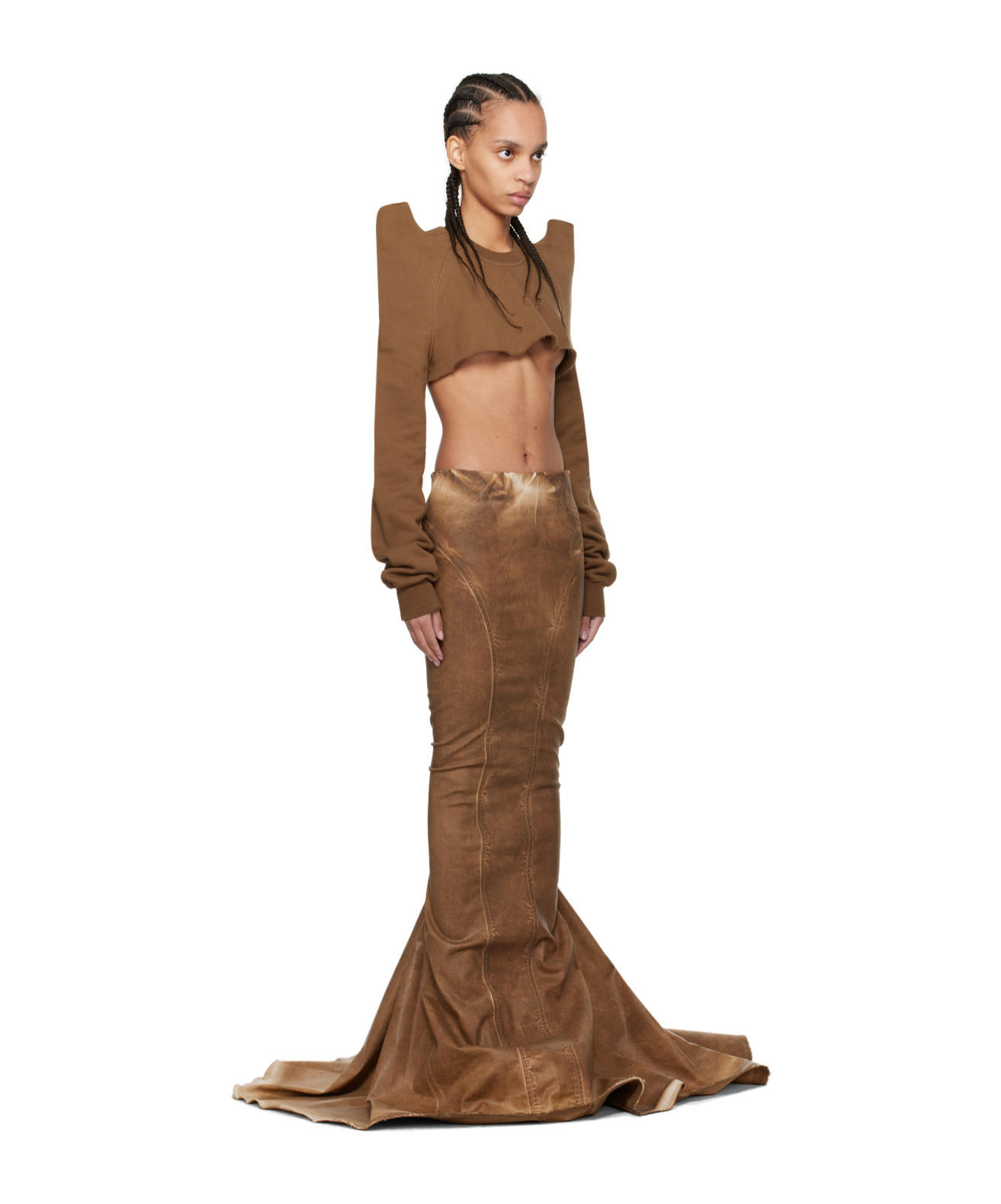 Rick Owens Drkshdw Al Pillar Denim Extra-long Skirt In Brown