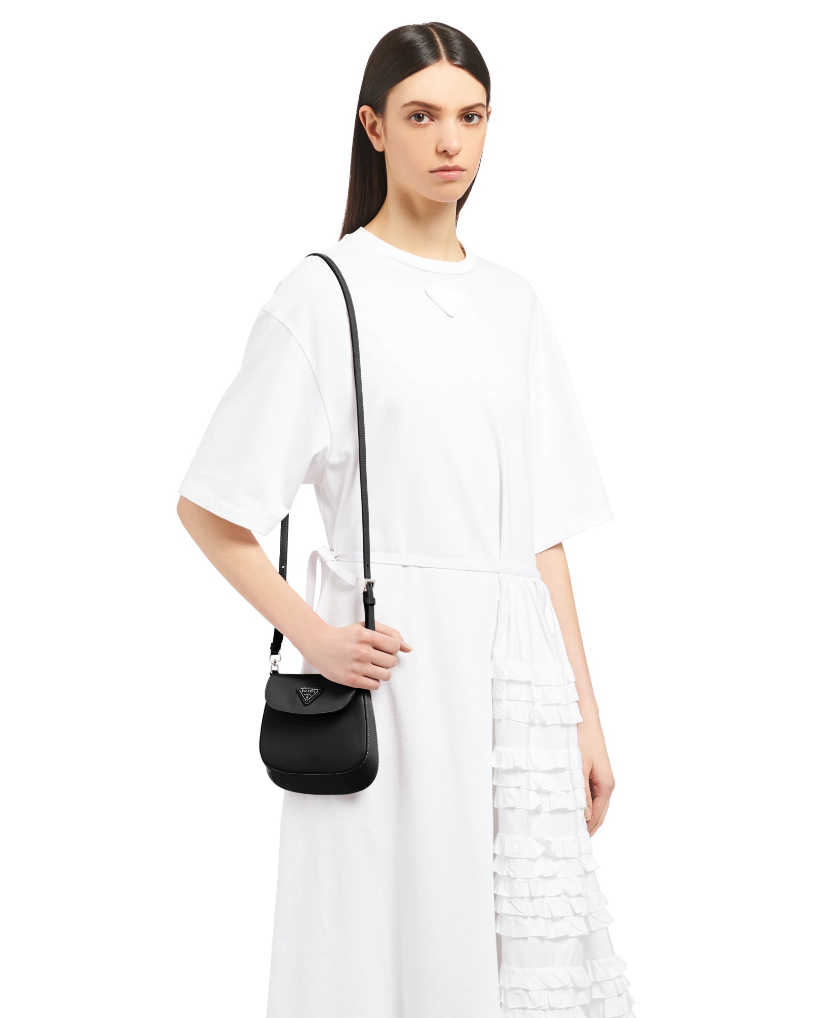 Prada Cleo Brushed Leather Shoulder Bag With Flap In Black