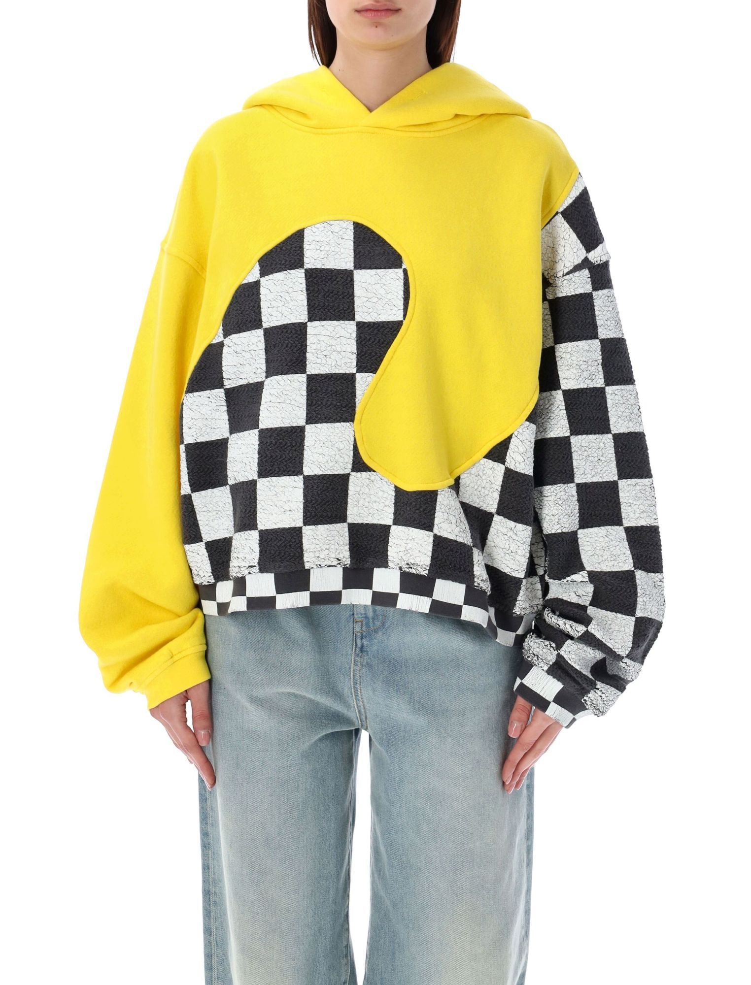 Erl Yellow Check Pattern Panelled Hoodie In Cotton Unisex In Yellow
