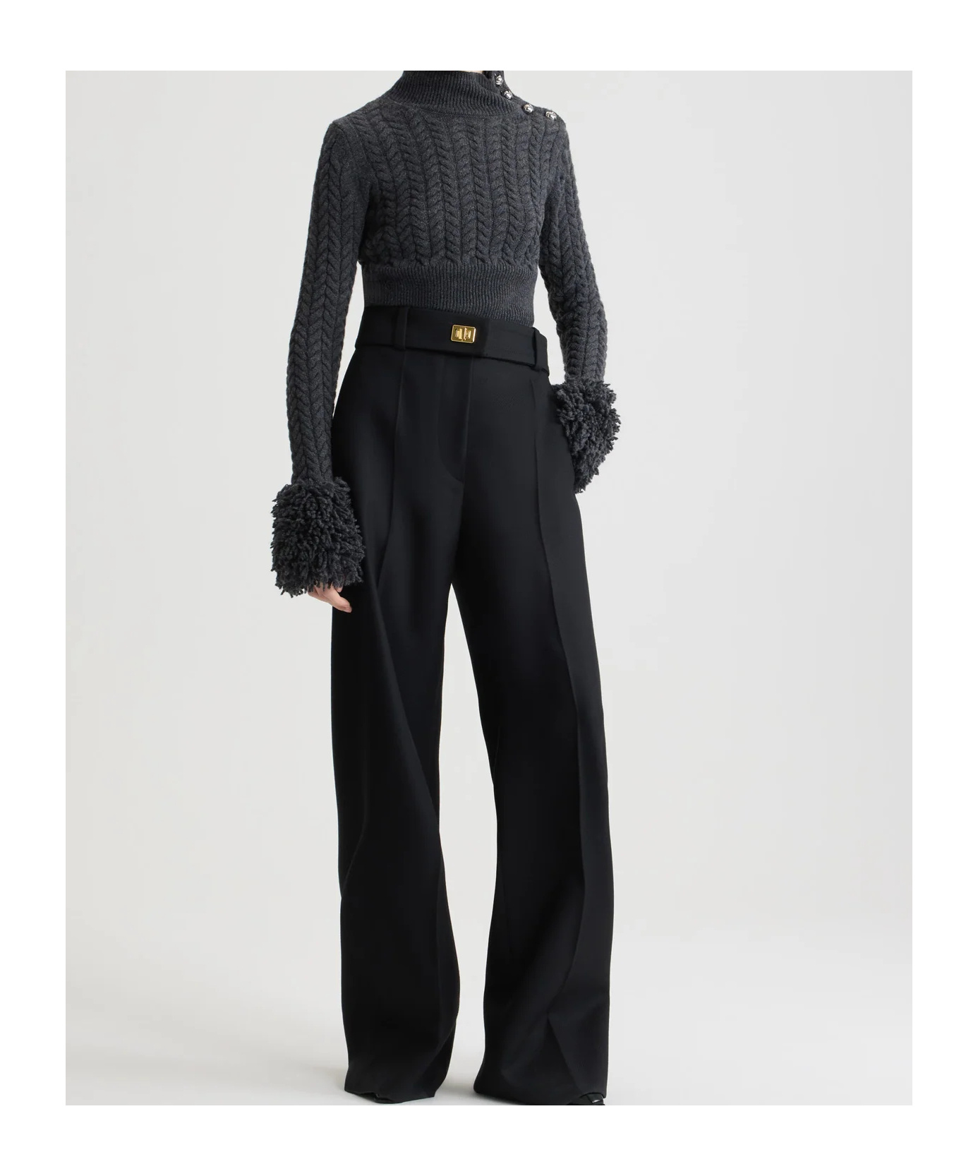Patou Cropped Fringed Cable-knit Merino Wool And Cashmere-blend Sweater In Gray