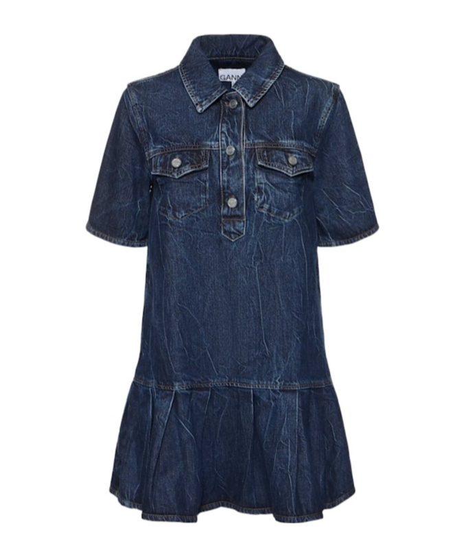 Ganni Crinkled Future Denim Mini Dress In Blue