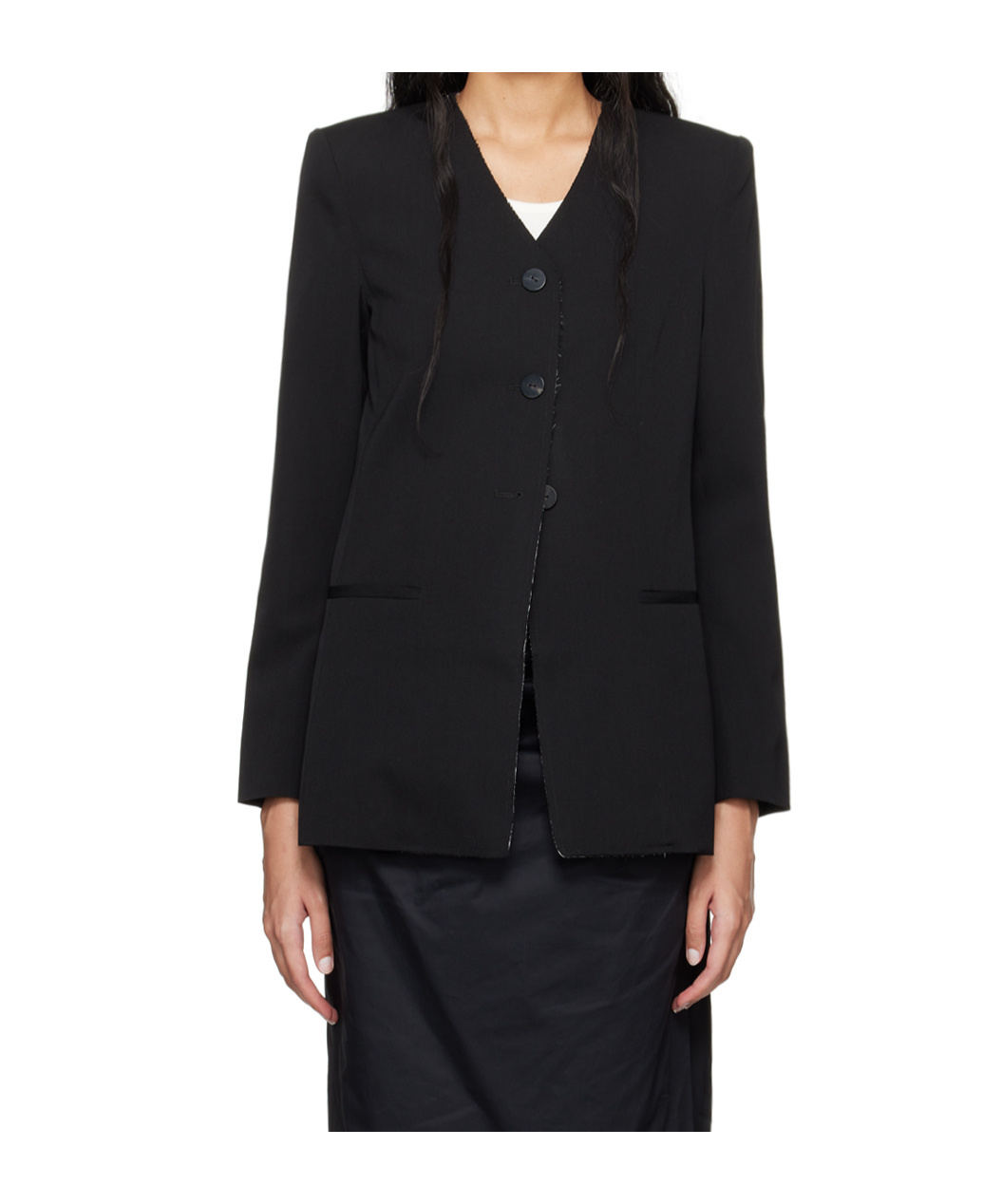 St Agni Black Raw Edge Collarless Blazer In Black