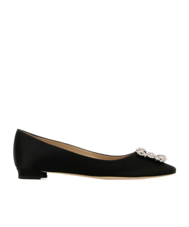 Manolo Blahnik Hangisi Fmc Crystal Buckle Satin Flats In Black