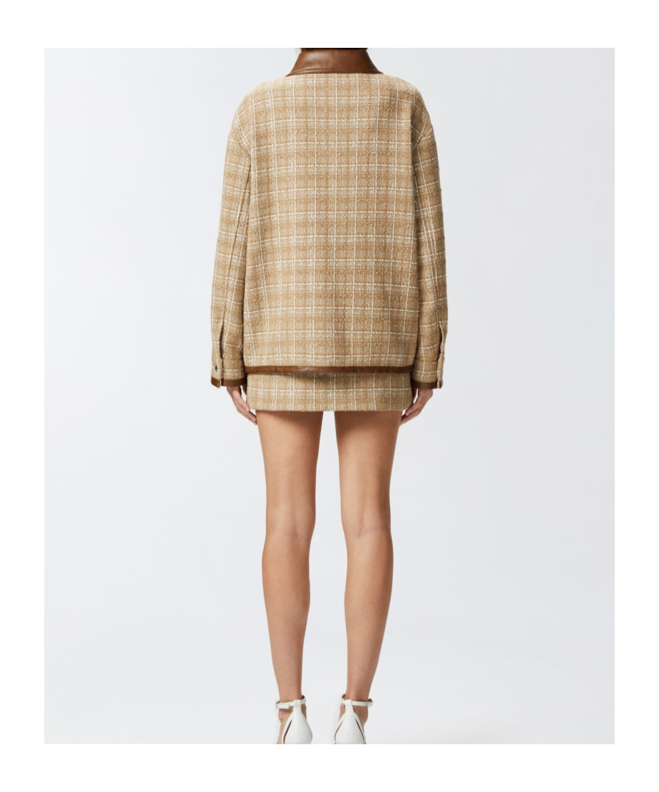 Pinko Tweed Blouson Jacket With Leatherette Details And Zip In Brown