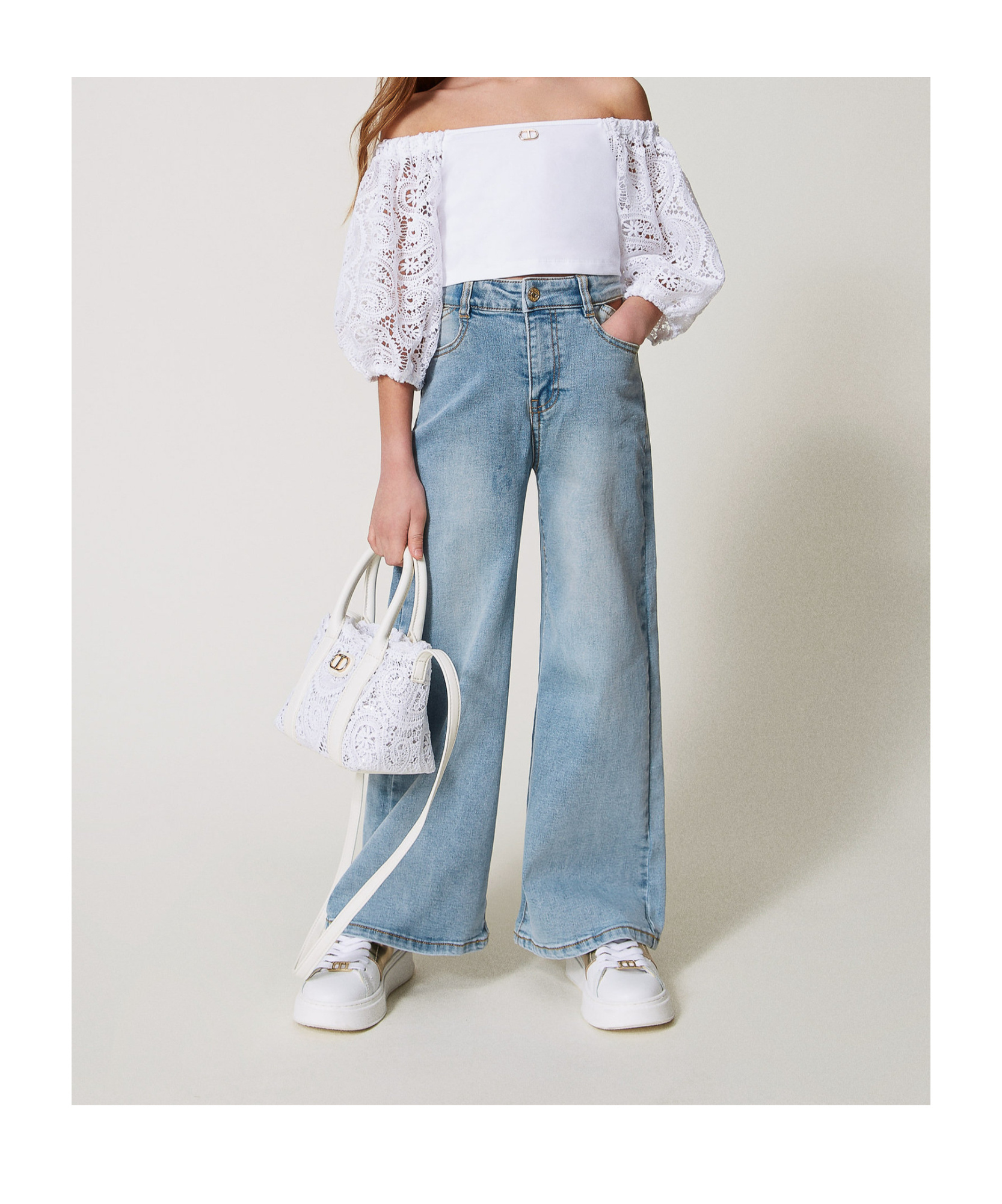Twinset Top With Macramé Lace Balloon Sleeves In White