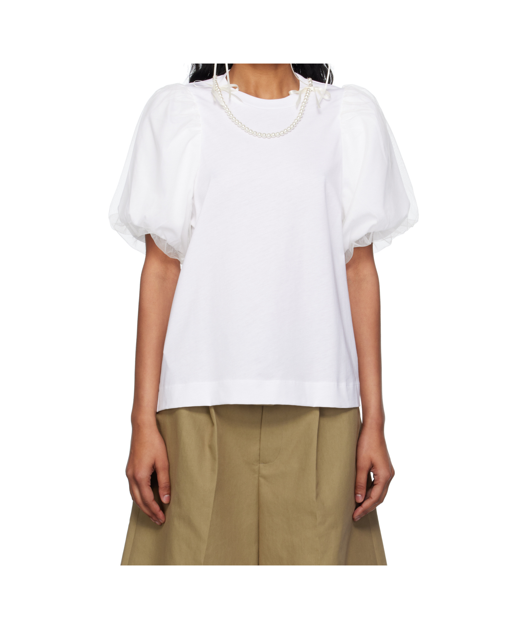 Simone Rocha Tulle Overlay Puff Sleeve T-shirt With Faux Pearl Trim In White