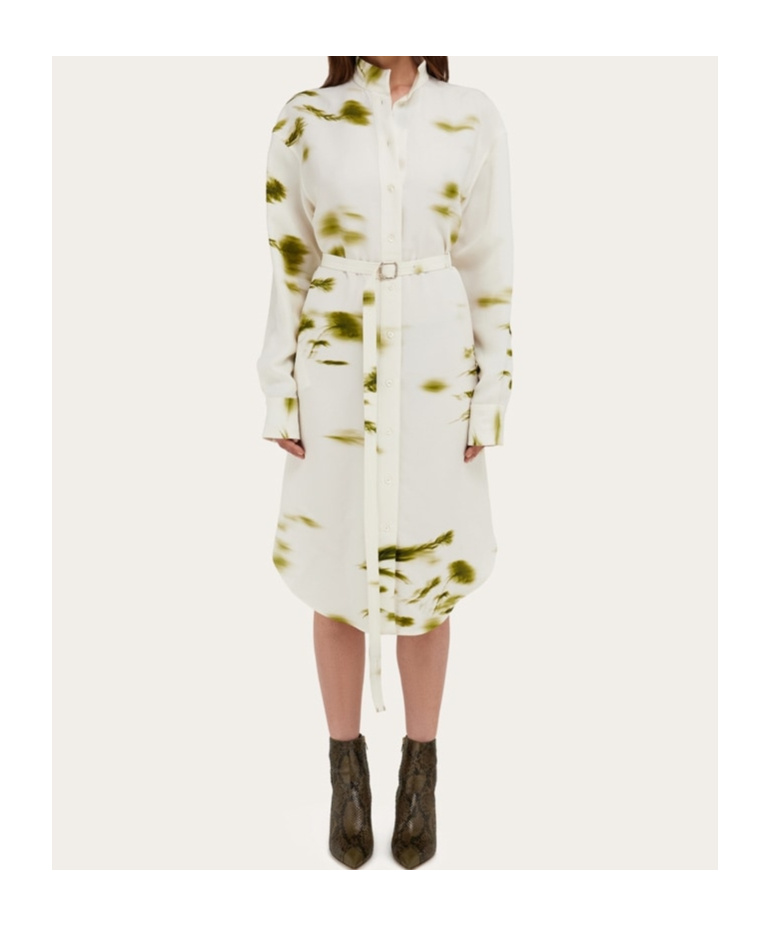 Ferragamo Blossom Print Long Sleeve Cady Shirtdress In White