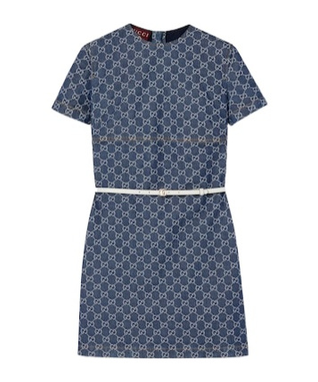 Gucci Fitted Blue Cotton Dress With Contrast Belt In Blue