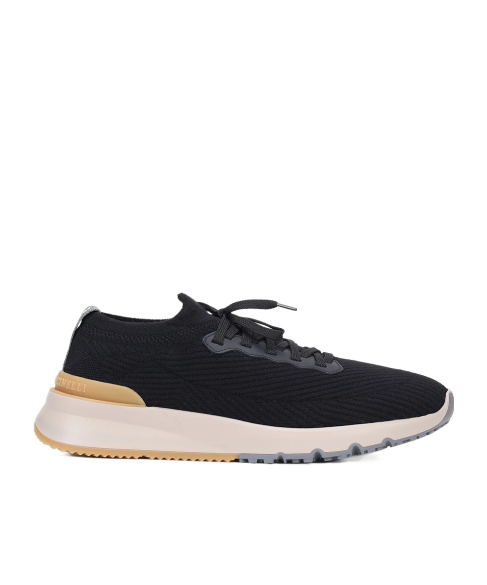 Brunello Cucinelli Leather-trimmed Stretch-knit Sneakers In Blue
