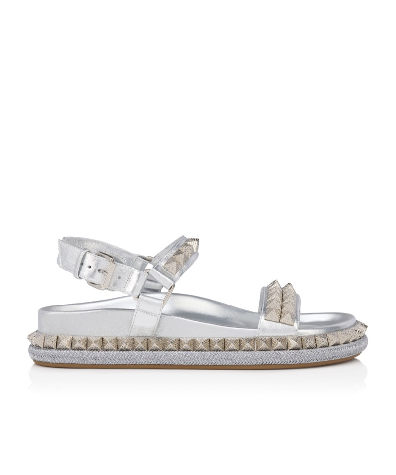Christian Louboutin Womens Silver Pyrabizz Flat Leather Sandals Eur 40 / 7 Uk In Silver