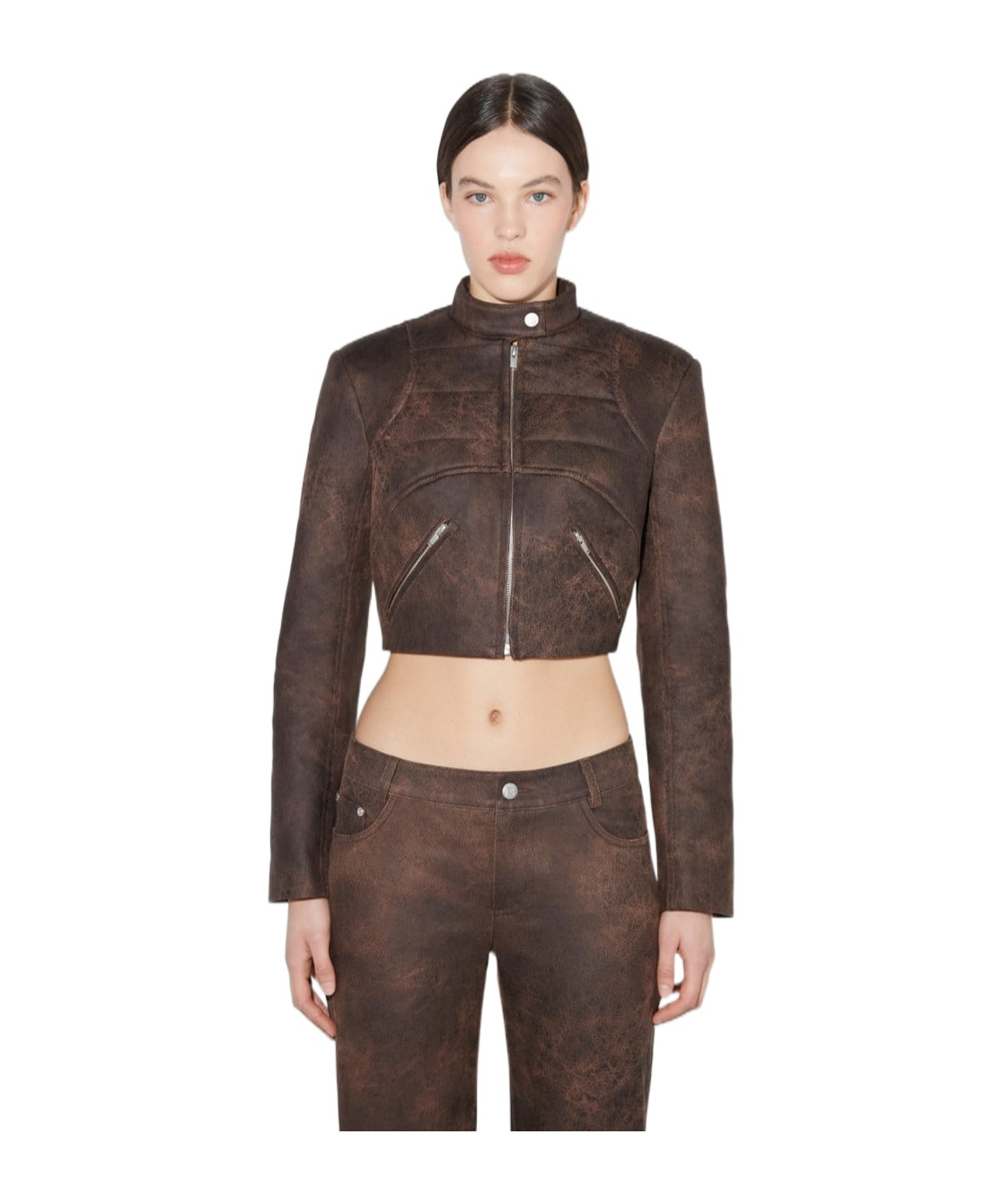 Misbhv Cracked Cropped Faux-leather Jacket In Brown