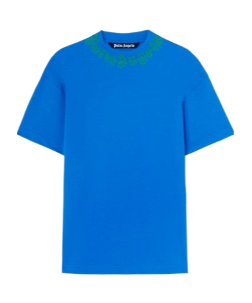 Palm Angels Men T-shirt With Logo On The Neck In Blue