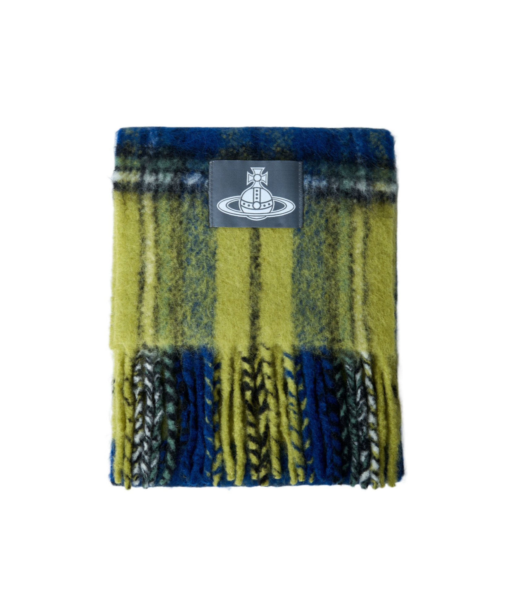 Vivienne Westwood Logo Patch Checked Fringed Scarf In Green