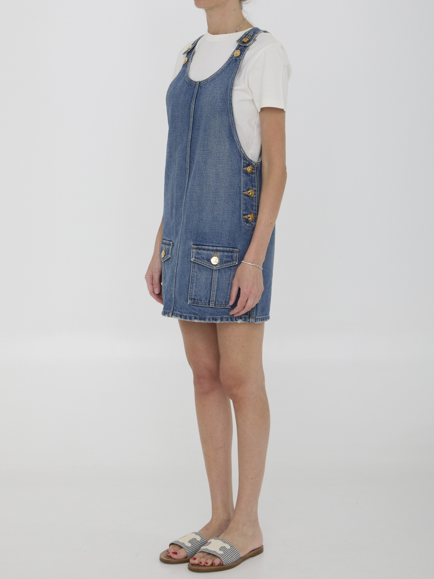 Celine Denim Mini Jumpsuit In Blue