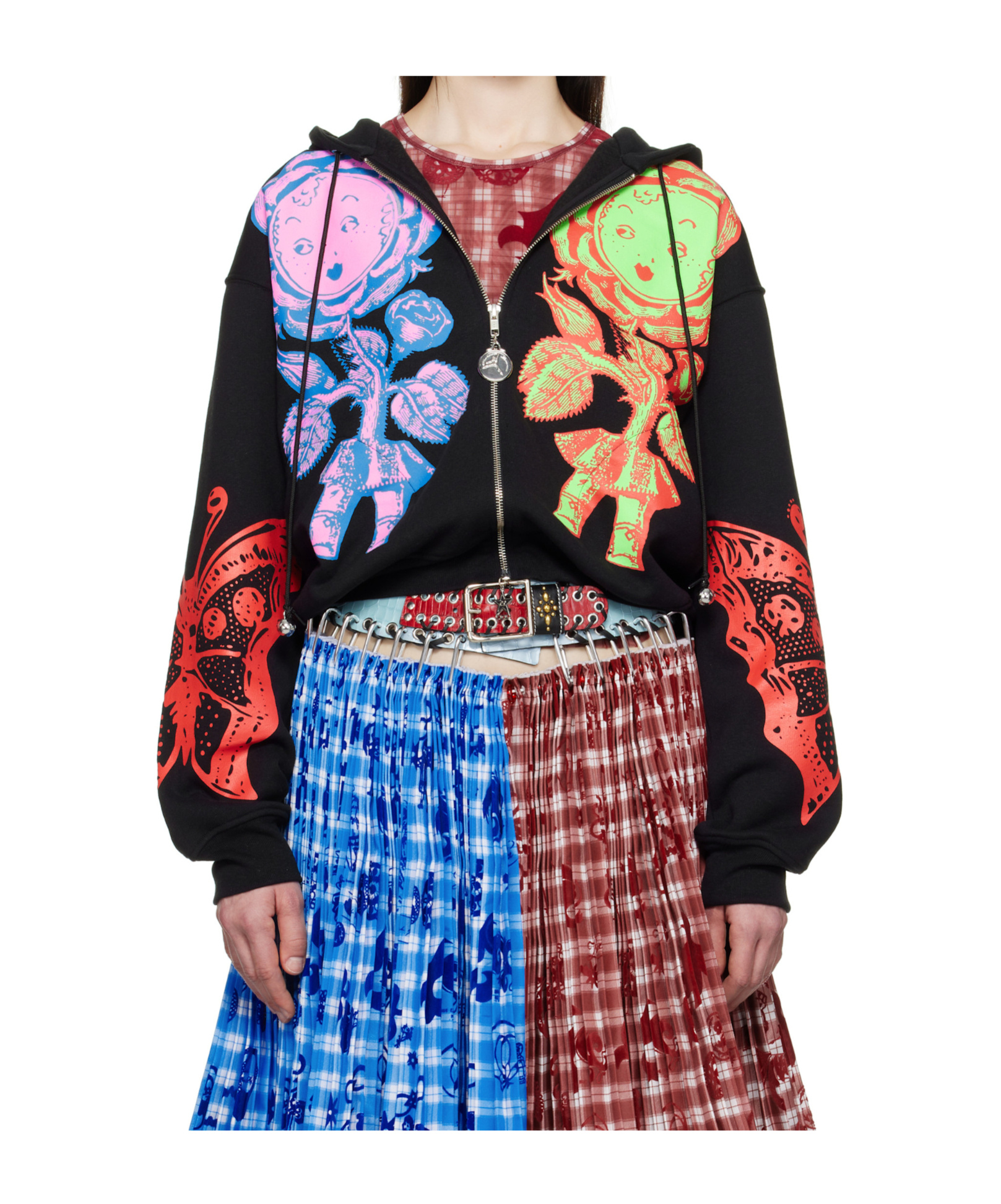 Chopova Lowena Black Double Rose Bud Zip Hoodie In Multicolor