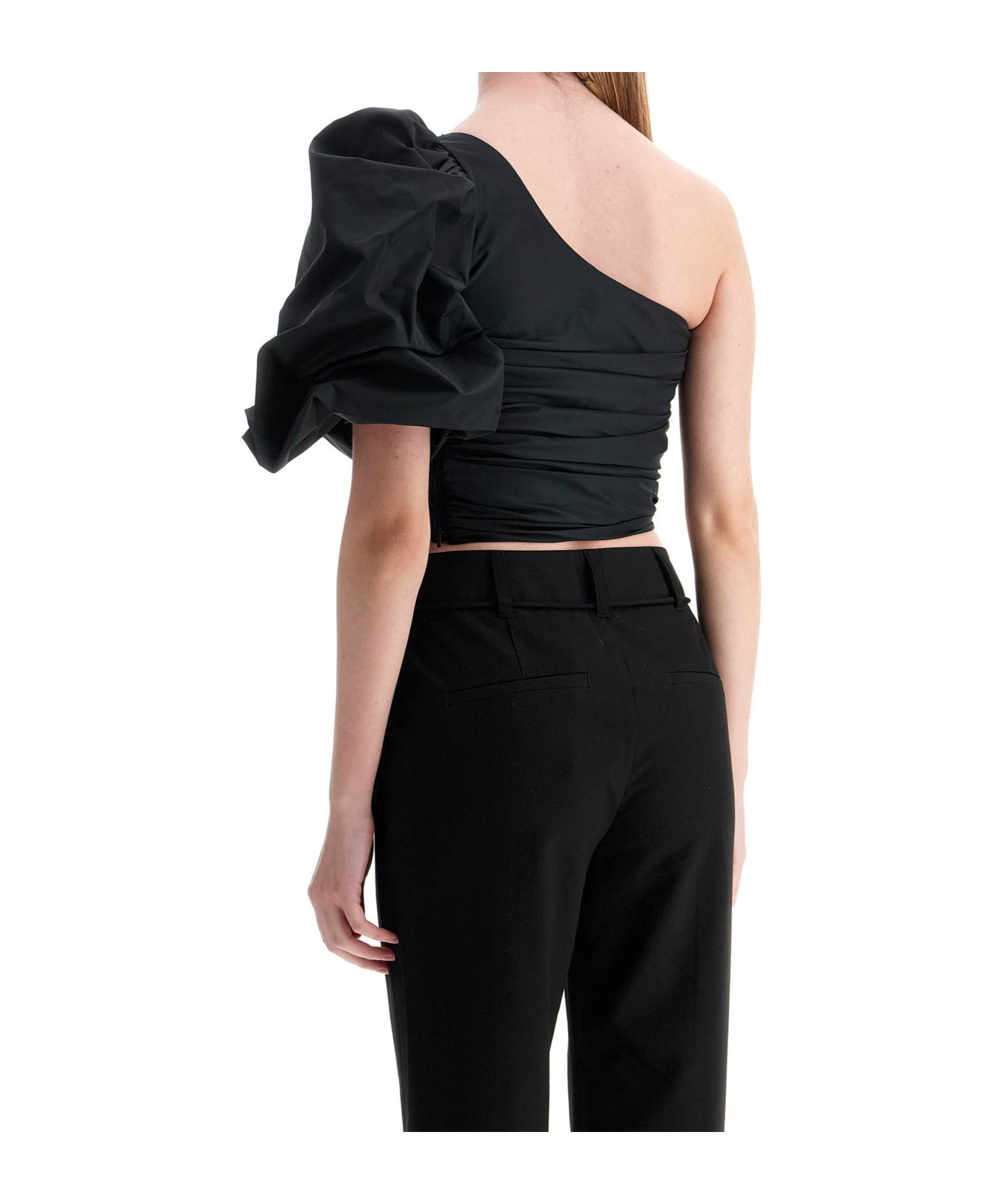 Pinko 'magnanina' Black One Shoulder Top With Ruffle Details In Techn Fabric Woman In Black