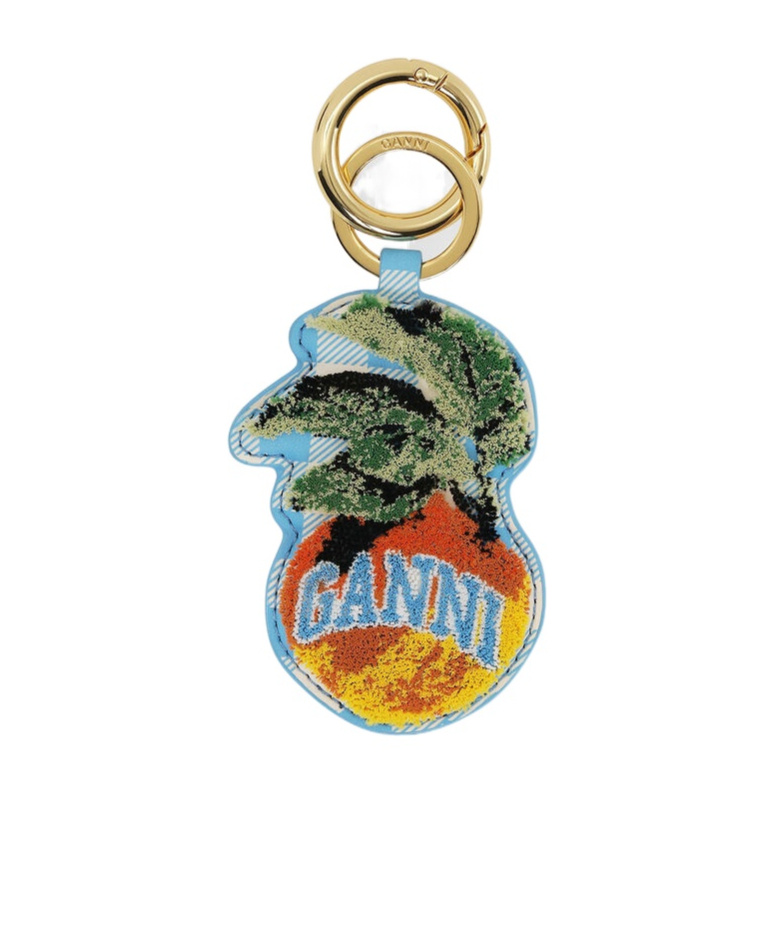 Ganni Apple Keyring Checkered Pattern Embroidered Design In Gold
