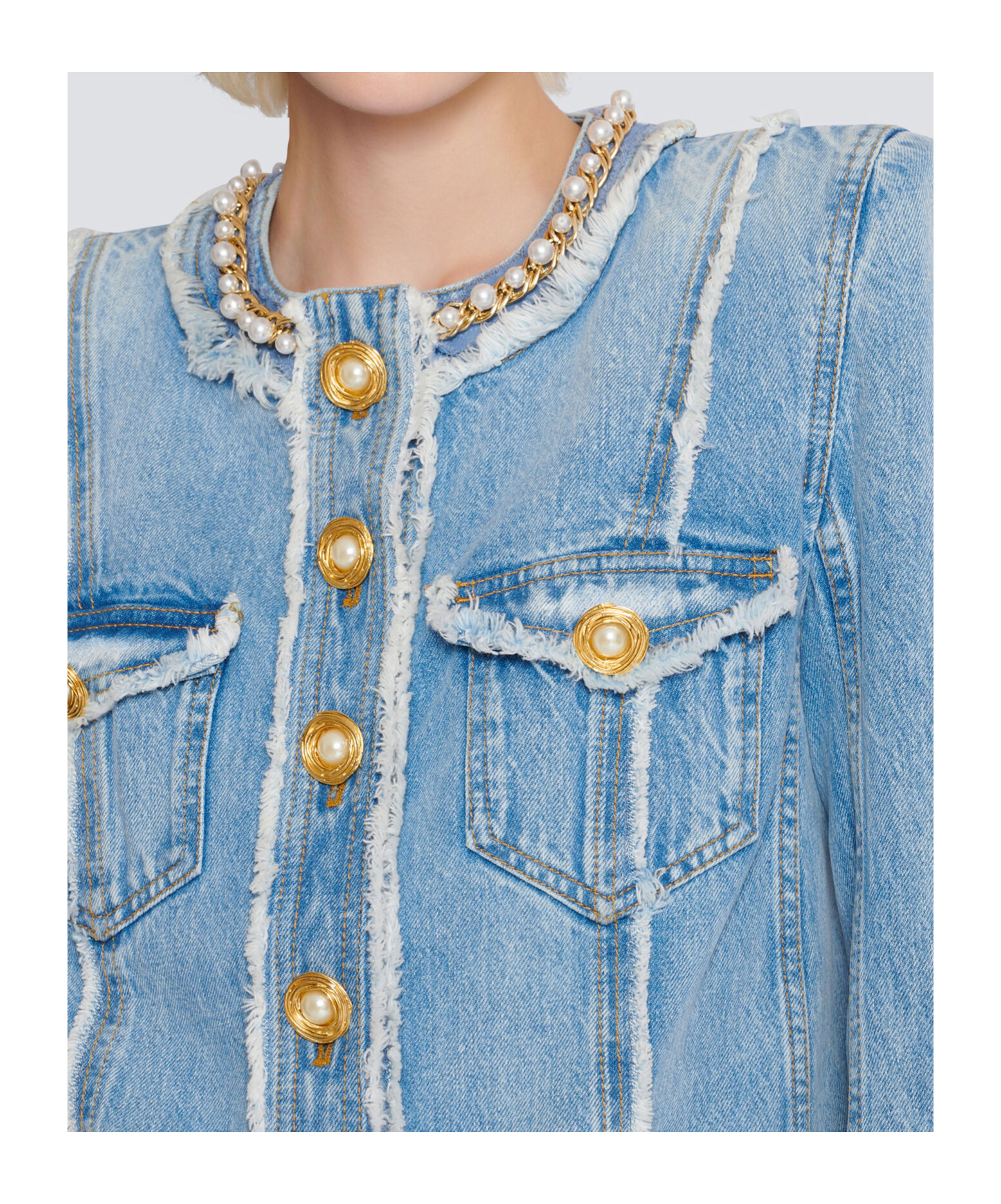 Balmain Faux Pearl-embellished Frayed Denim Jacket