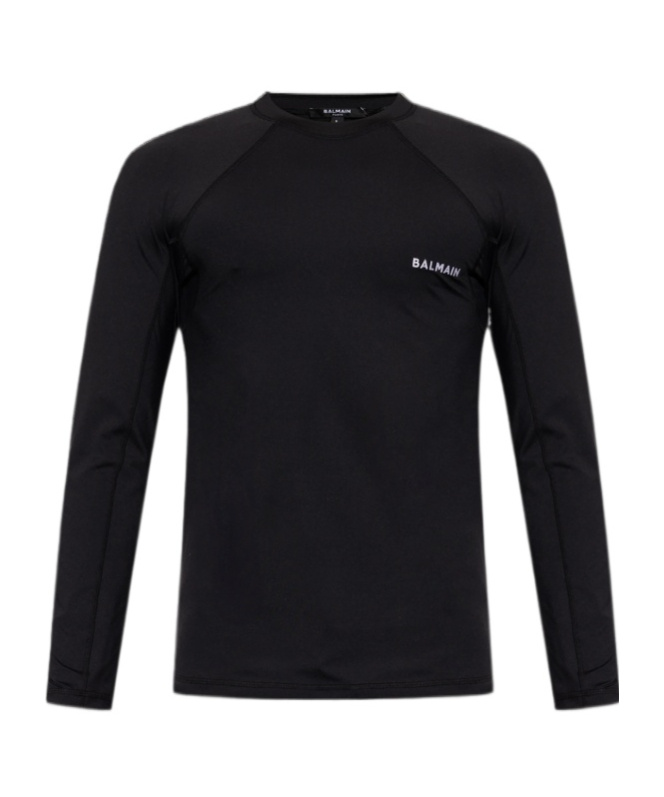 Balmain Round-collar Long-sleeve Swimsuit In Black