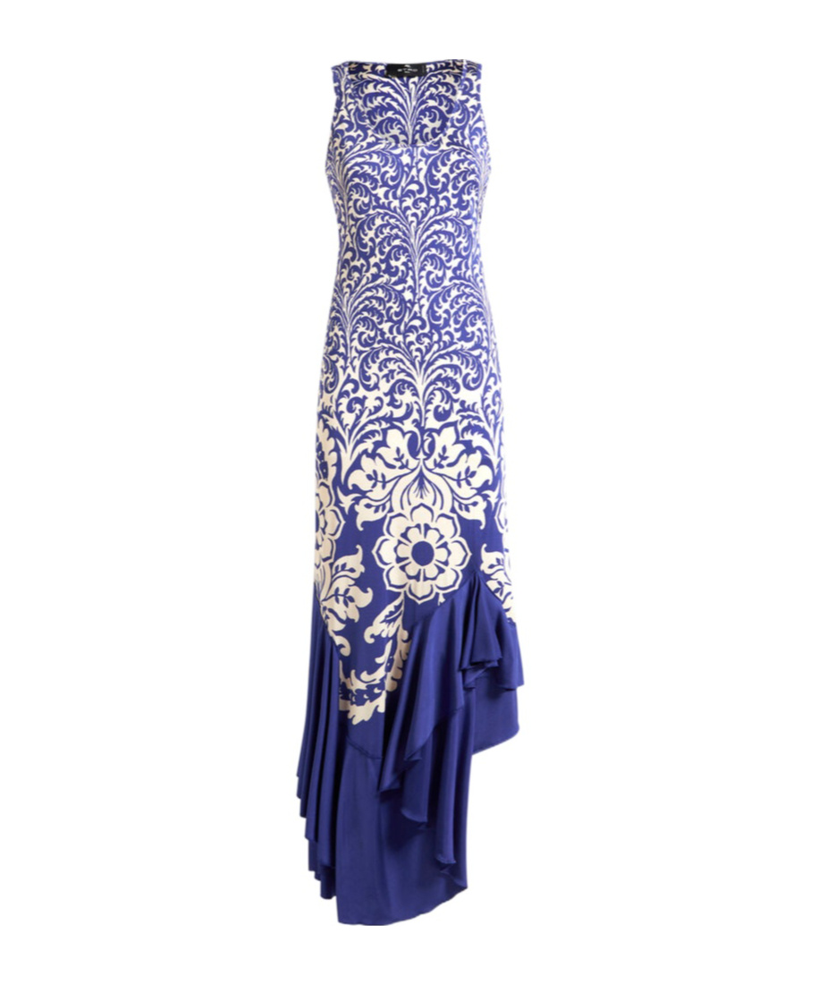 Etro Medallion Paisley Jersey Asymmetric Backless Dress In Blue