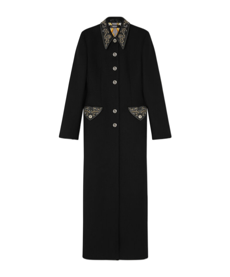 Versace Embellished-collar Coat In Black