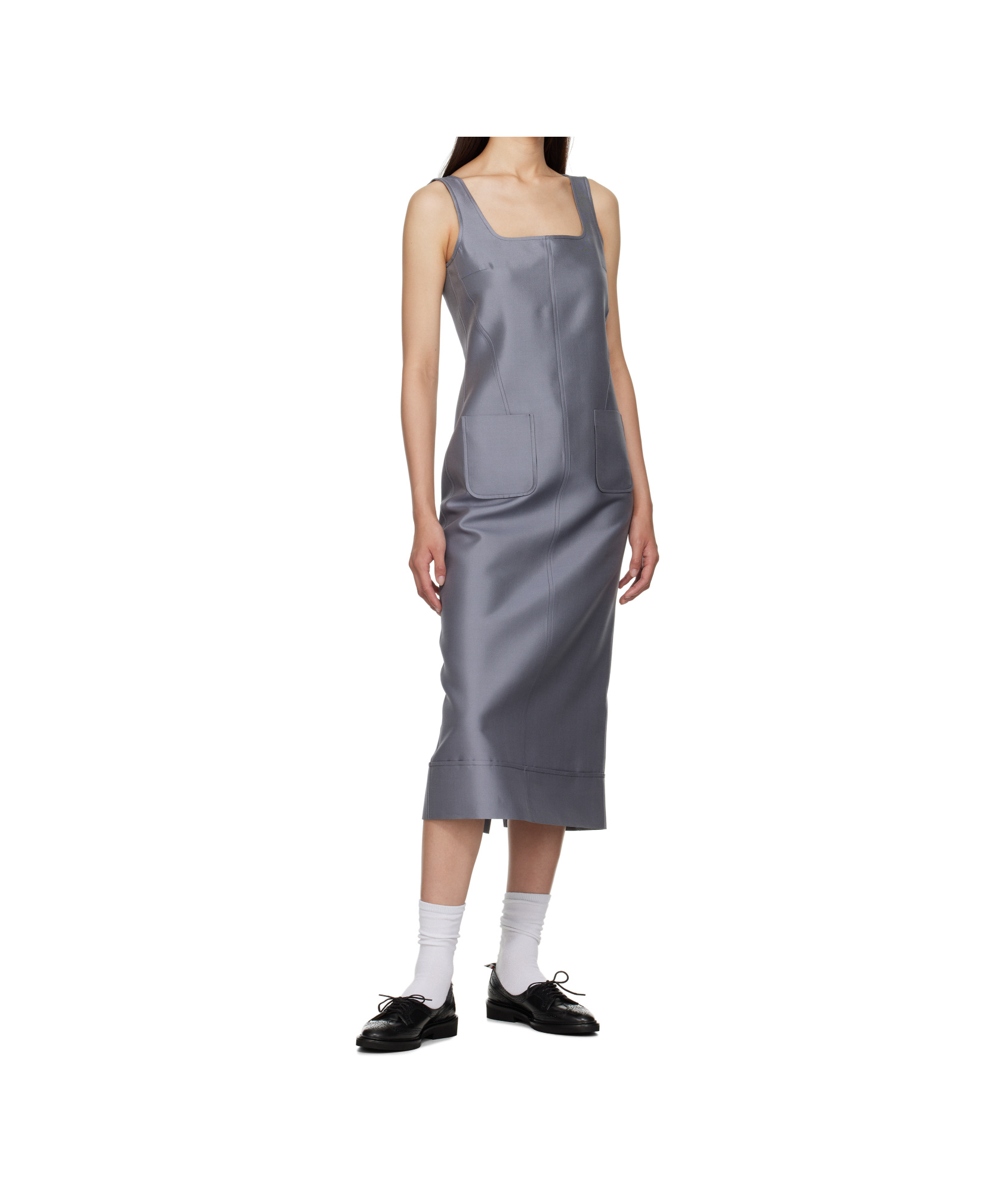 Thom Browne Calf Length Square Neck Column Dress In Wool Silk In Gray