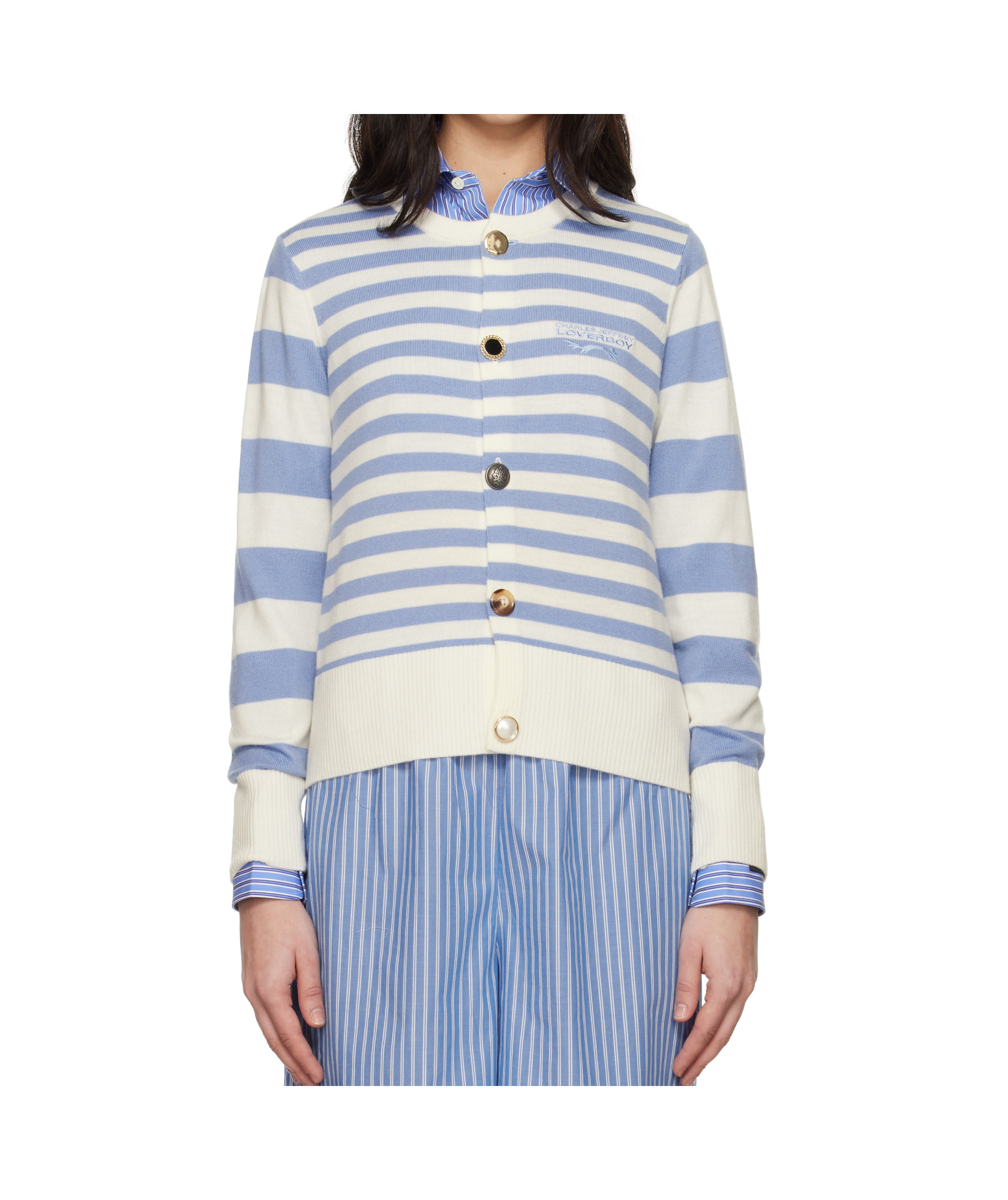 Charles Jeffrrey Loverboy Button Down Cardigan In Blue Stripes