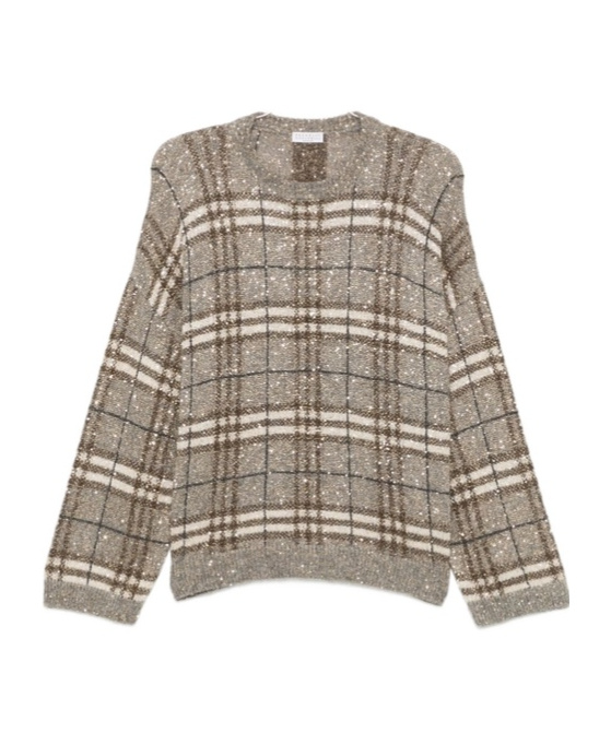 Brunello Cucinelli Sequin-embellished Checked Sweater In Nude