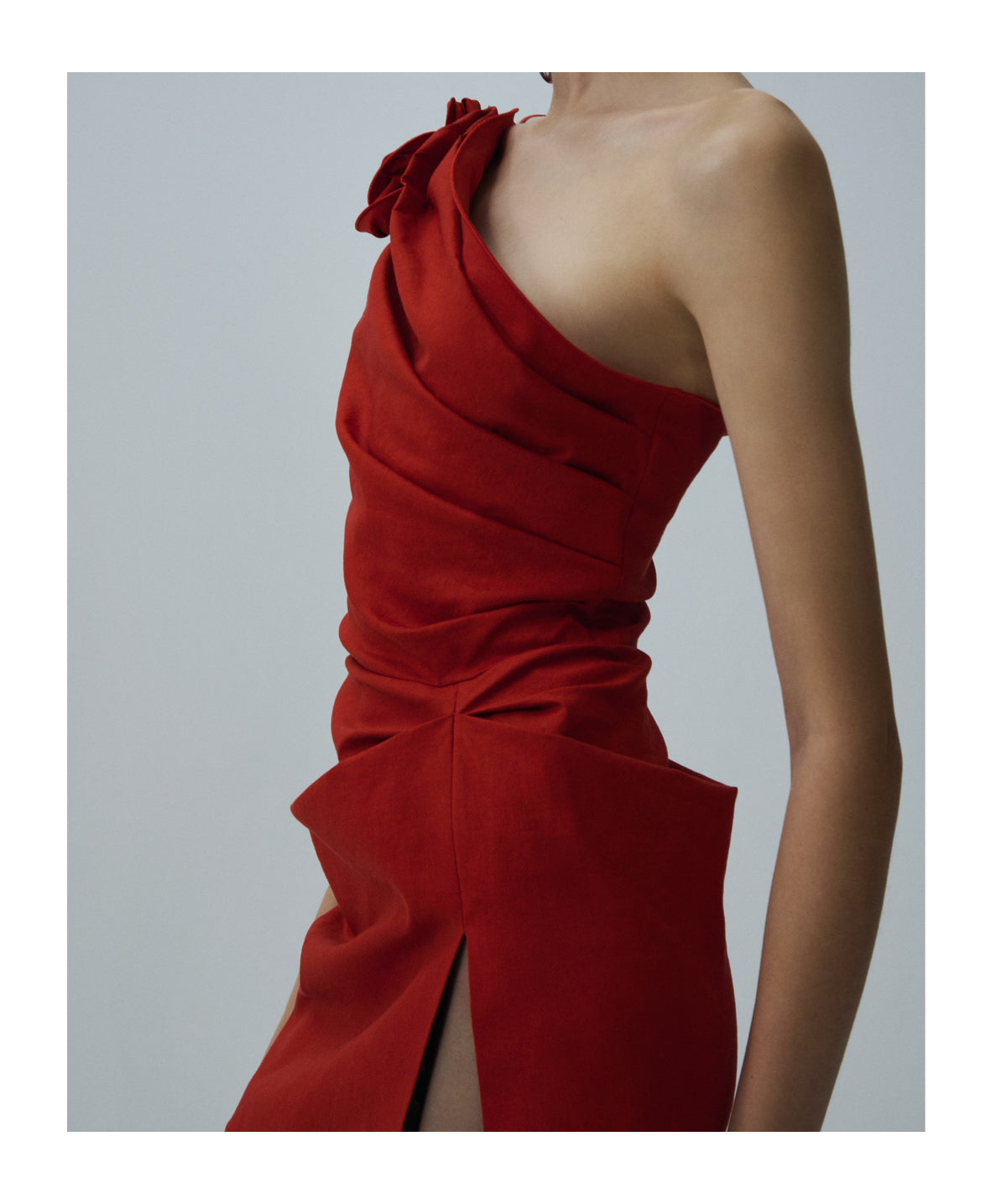 Magda Butrym One Shoulder Ruched Linen Mini Dress In Red In Red