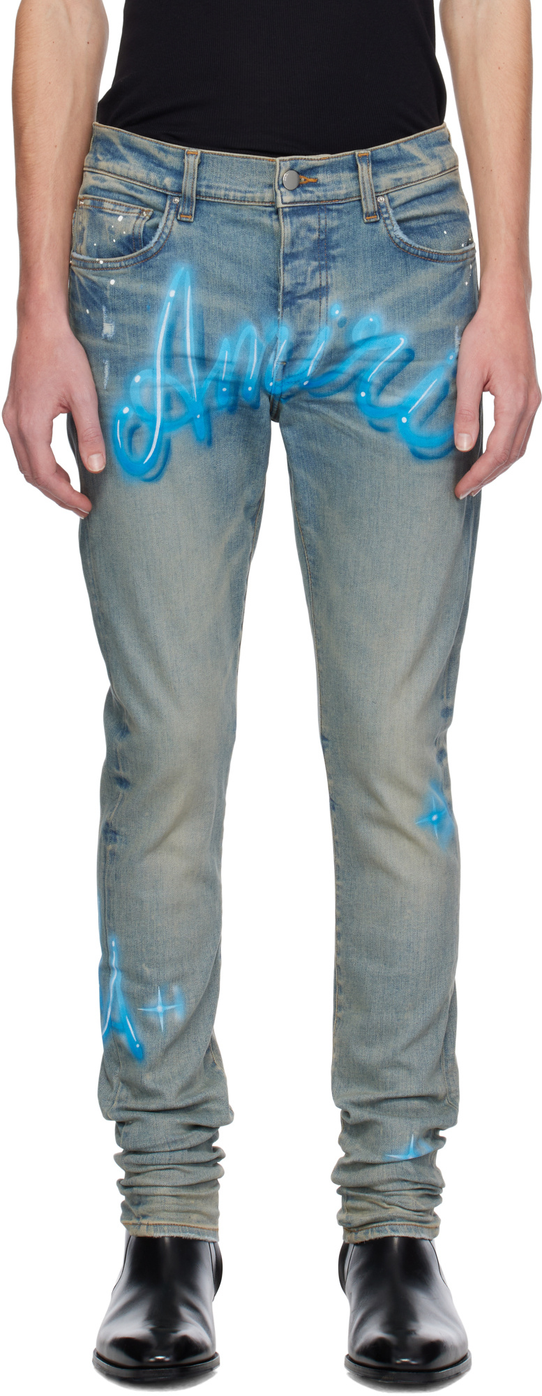 Amiri Blue Airbrush Logo Skinny Jeans In Gray