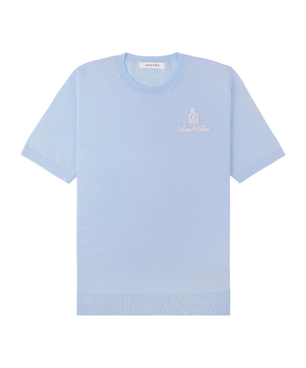 Sporty And Rich Vendôme Crest-embroidered Merino T-shirt In Blue