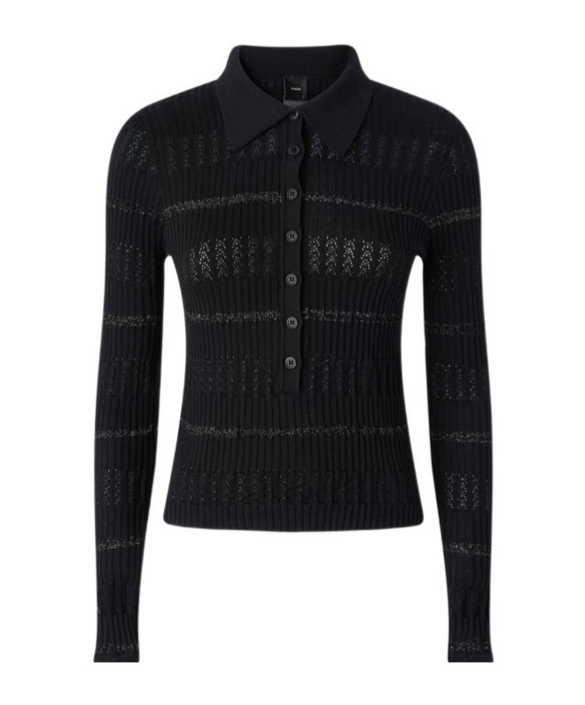 Pinko Long-sleeved Polo With Metallic Stripe In Black