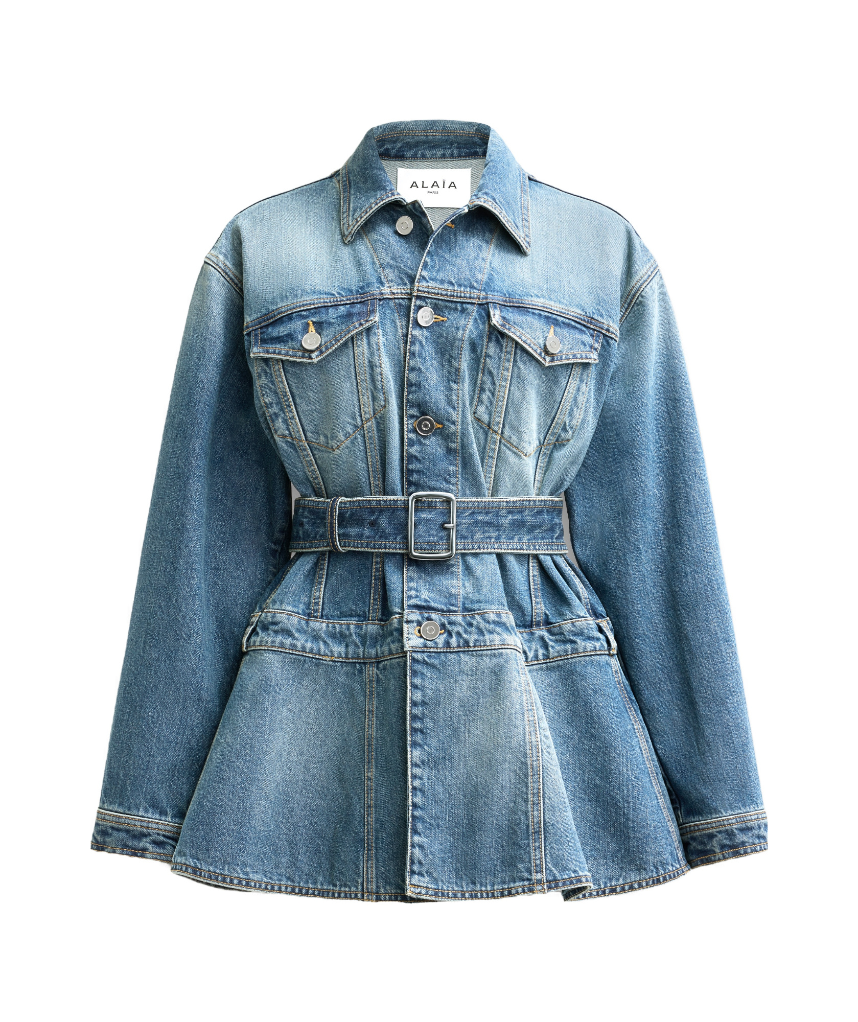 Shop Alaïa Peplum Denim Jacket In Blue