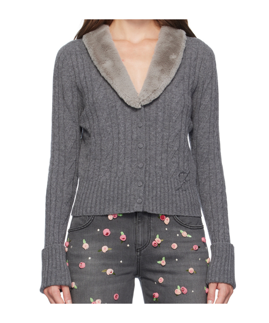 Blumarine Gray Faux-fur Collar Cardigan In Gray
