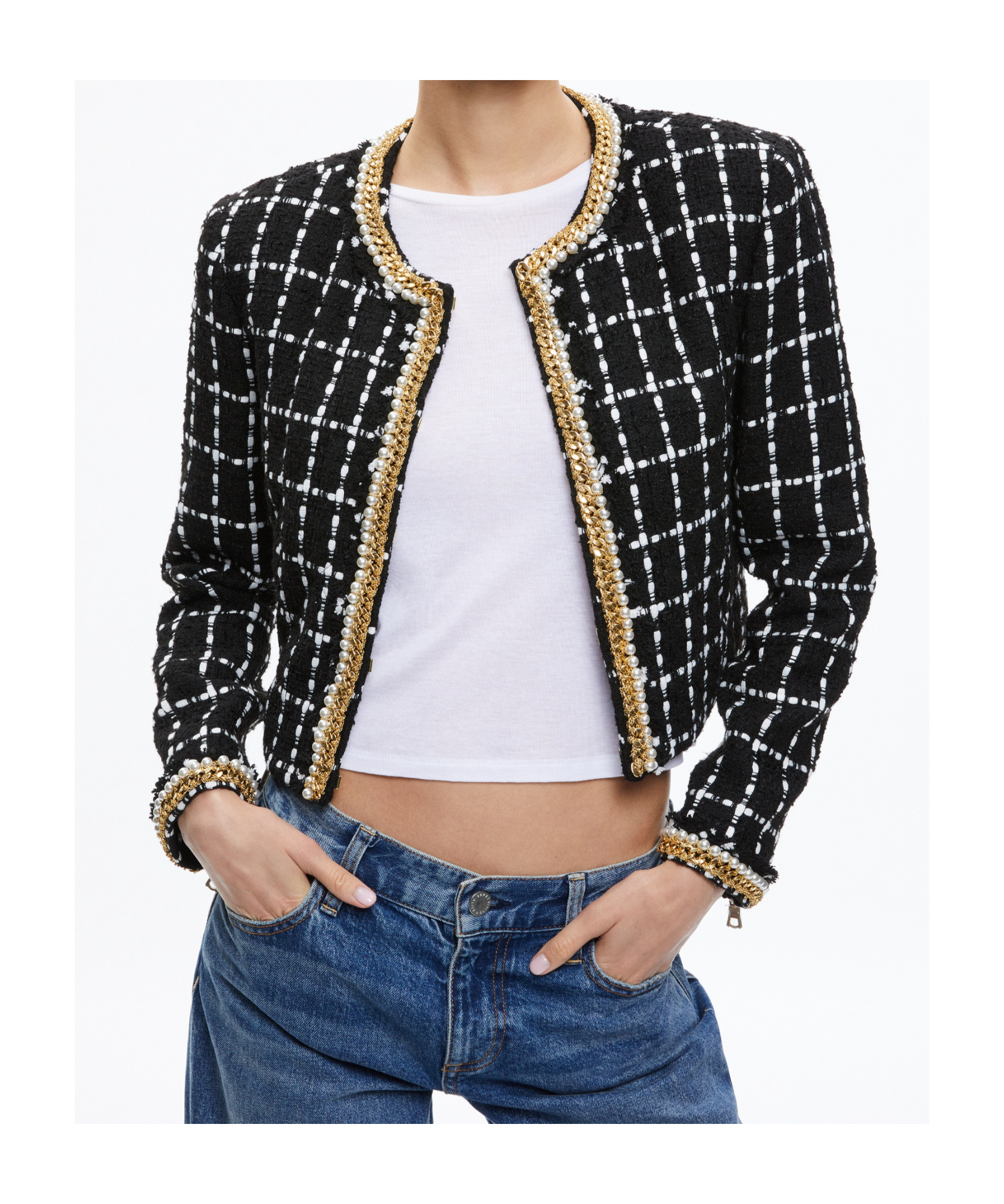 Alice And Olivia Chain Decorated Tweed Jacket In Black