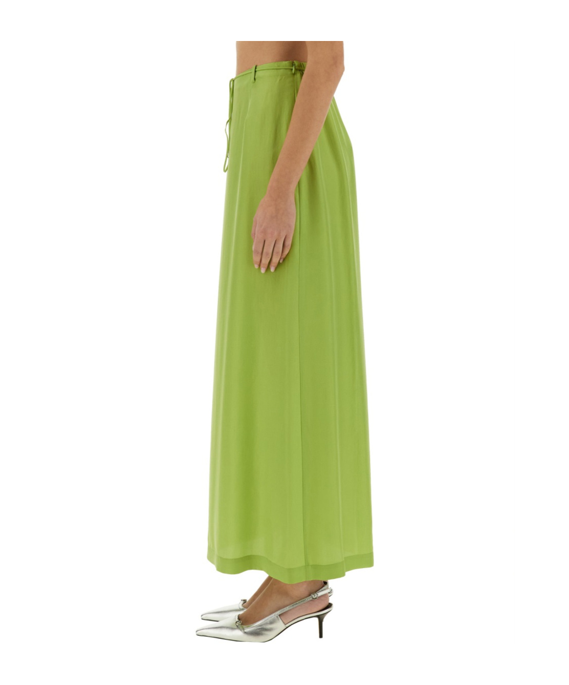 Alysi Silk Ankle Skirt Drawstring Waist Slit In Green