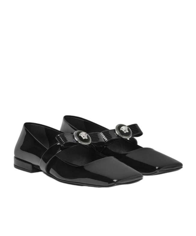 Versace Open-toe Ballet Flats In Gianni Ribbon In Black