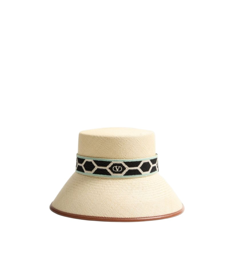 Valentino Embroidered Band Straw Bucket Hat In White