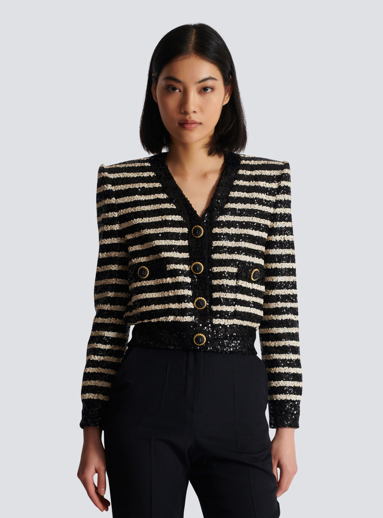 Shop Balmain Striped Sequinned Jacket In Black