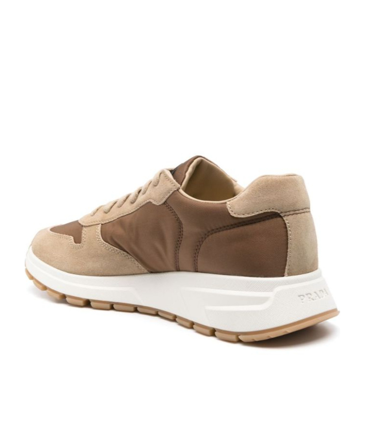Prada Enamel-triangle Lace-up Sneakers In Nude