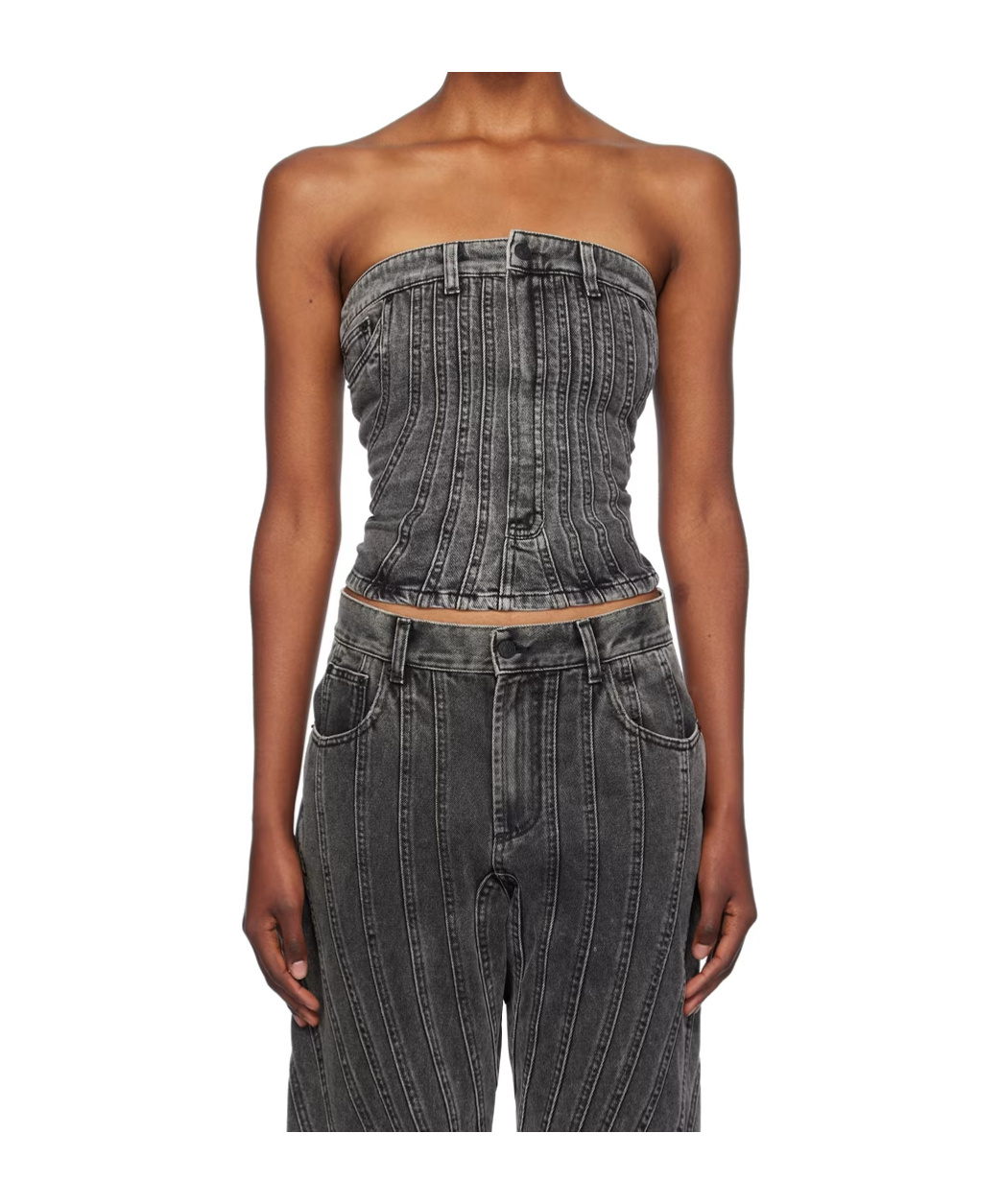 Mugler Spiral Denim Bustier In Black