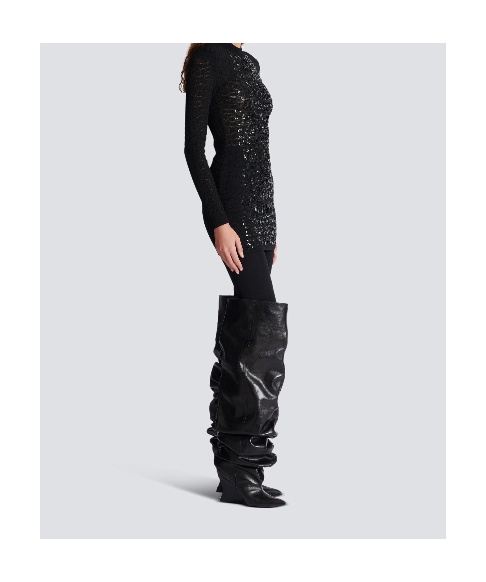 Balmain Sequin-embellished Crocodile-knit Mini Dress In Black