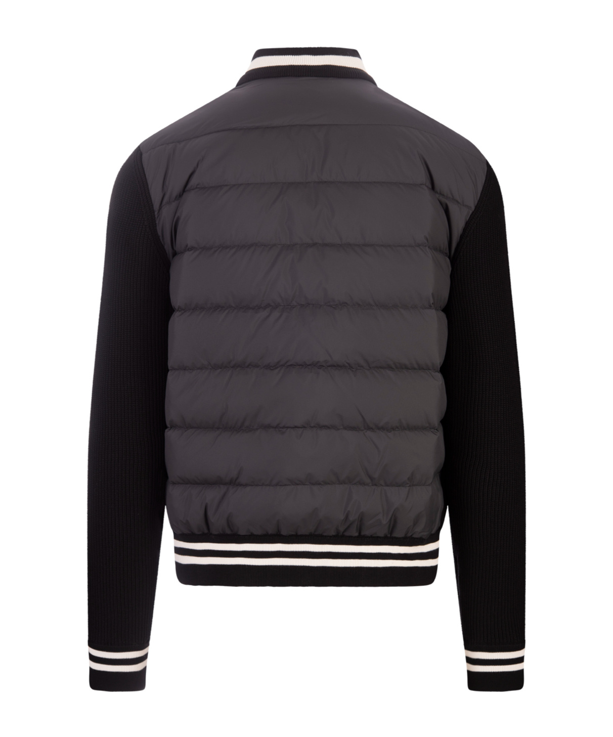Moncler Black Bomber Style Cardigan With Striped Hem In Black