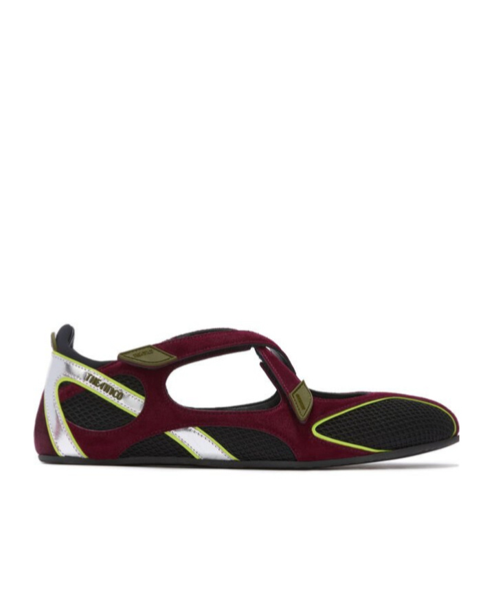 Attico Nomad Bordeaux Ballet Shoes With Criss-crossed Straps And Mesh Panels In Tech Fabric And Suede Woman In Black