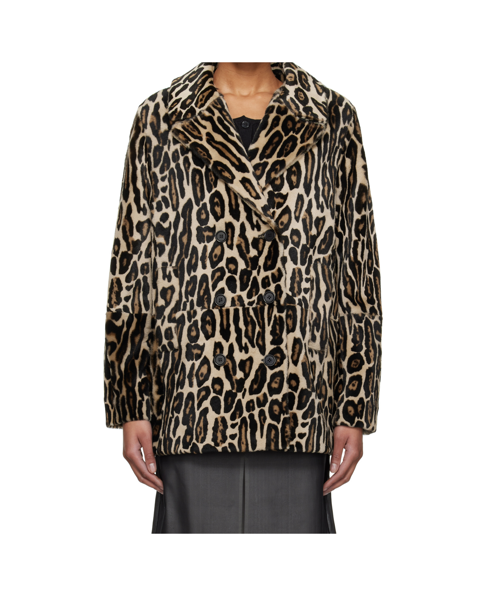 Re/done Leopard Shearling Peacoat In Black
