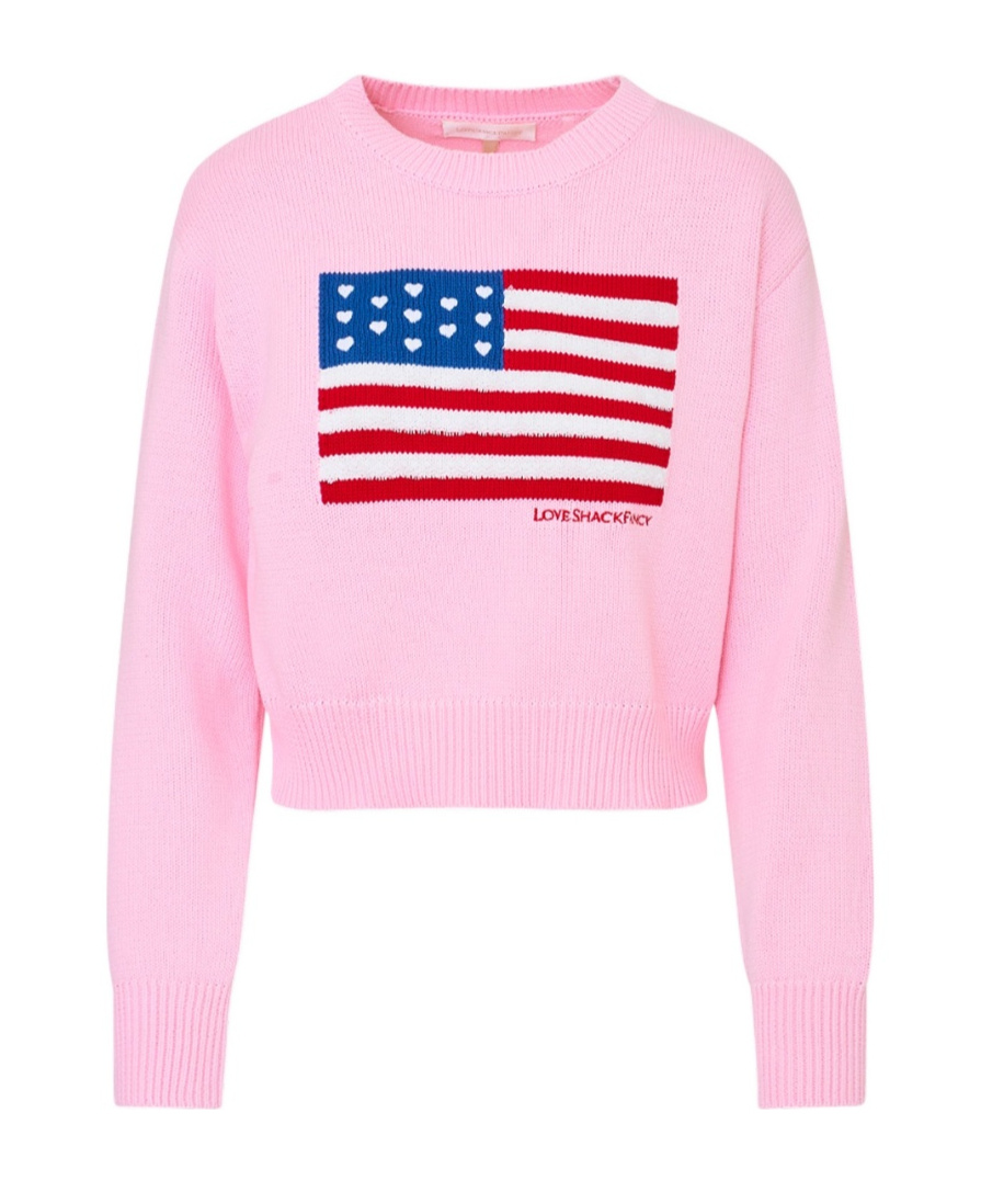 Loveshackfancy Ty Intarsia Flag Cotton Crewneck Sweater In Gold